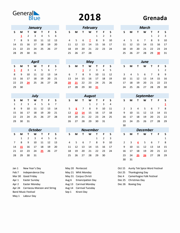 2018 Calendar for Grenada with Holidays