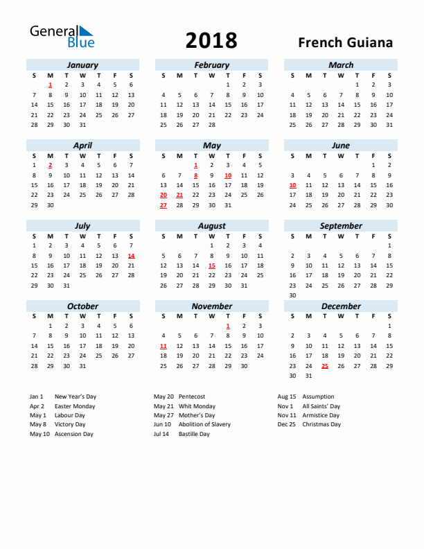 2018 Calendar for French Guiana with Holidays