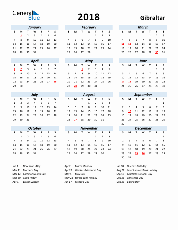 2018 Calendar for Gibraltar with Holidays