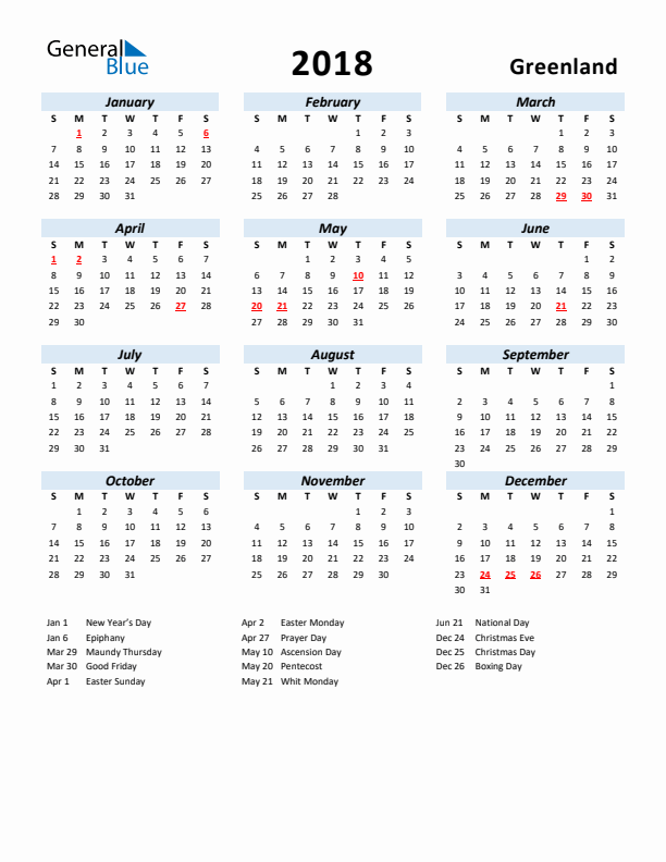 2018 Calendar for Greenland with Holidays
