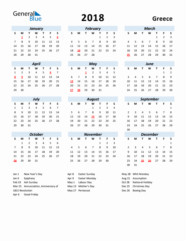 2018 Calendar for Greece with Holidays