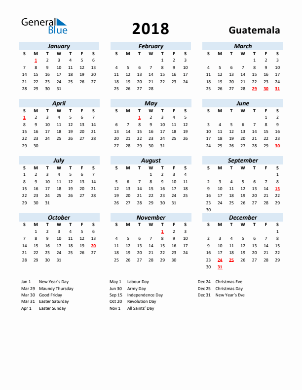 2018 Calendar for Guatemala with Holidays
