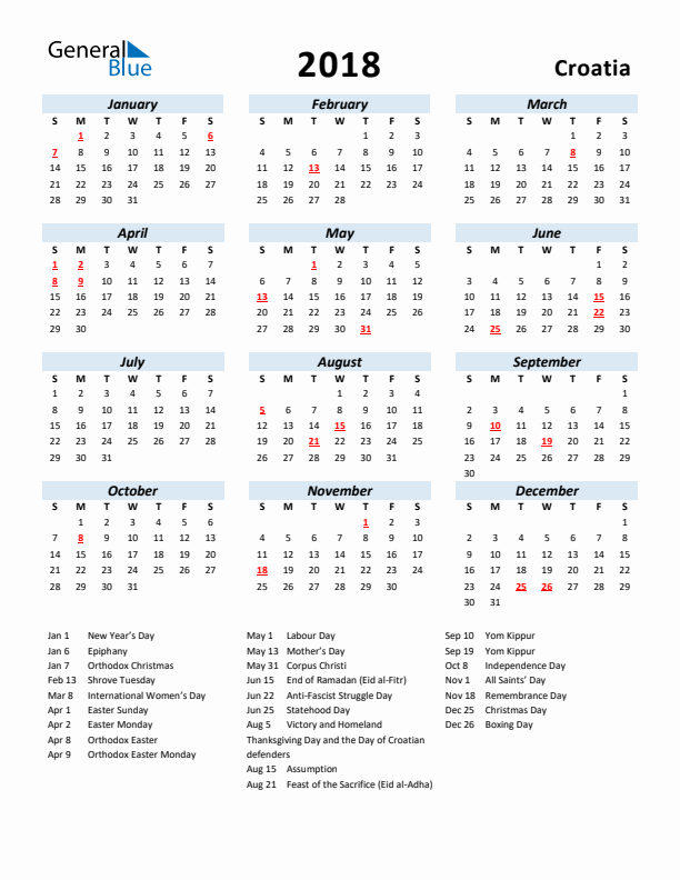 2018 Calendar for Croatia with Holidays