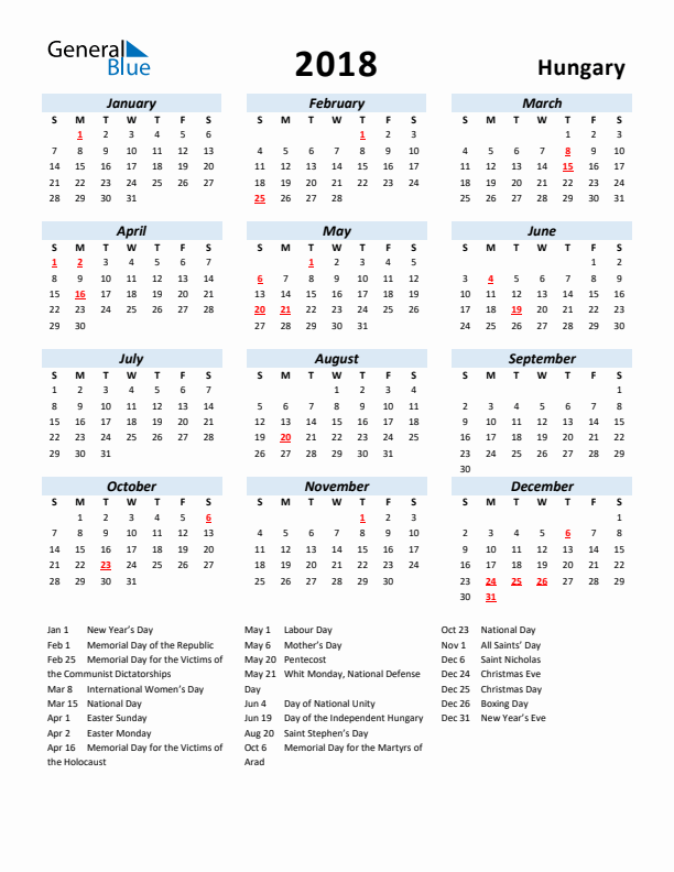 2018 Calendar for Hungary with Holidays