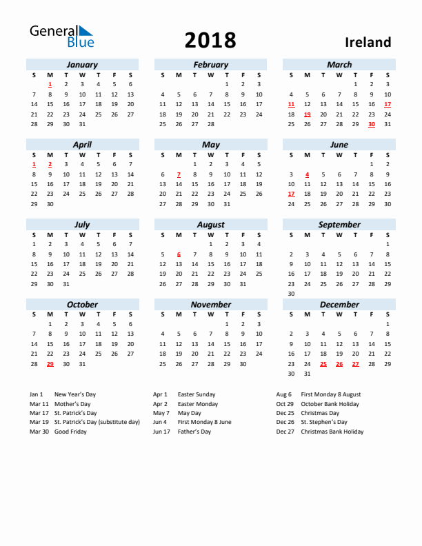 2018 Calendar for Ireland with Holidays