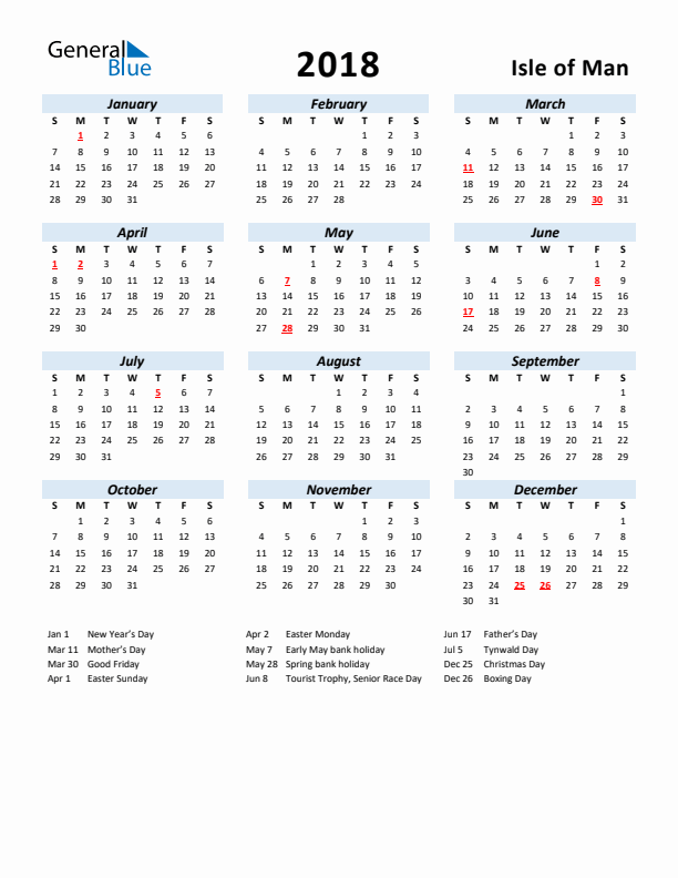 2018 Calendar for Isle of Man with Holidays