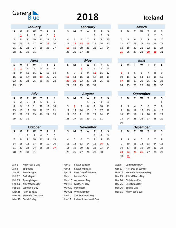 2018 Calendar for Iceland with Holidays