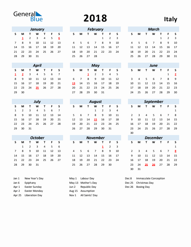 2018 Calendar for Italy with Holidays
