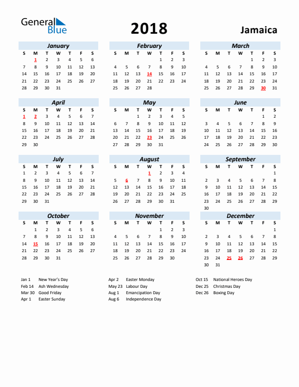 2018 Calendar for Jamaica with Holidays