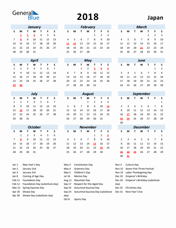 2018 Calendar for Japan with Holidays