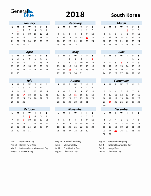 2018 Calendar for South Korea with Holidays