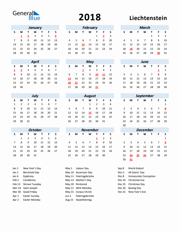2018 Calendar for Liechtenstein with Holidays