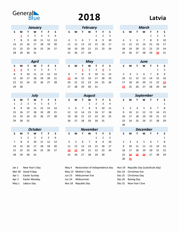 2018 Calendar for Latvia with Holidays