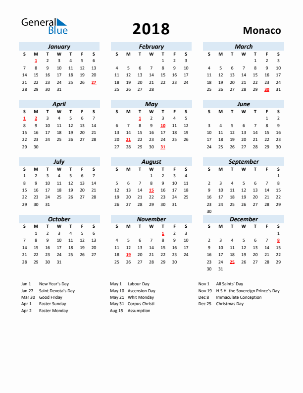 2018 Calendar for Monaco with Holidays