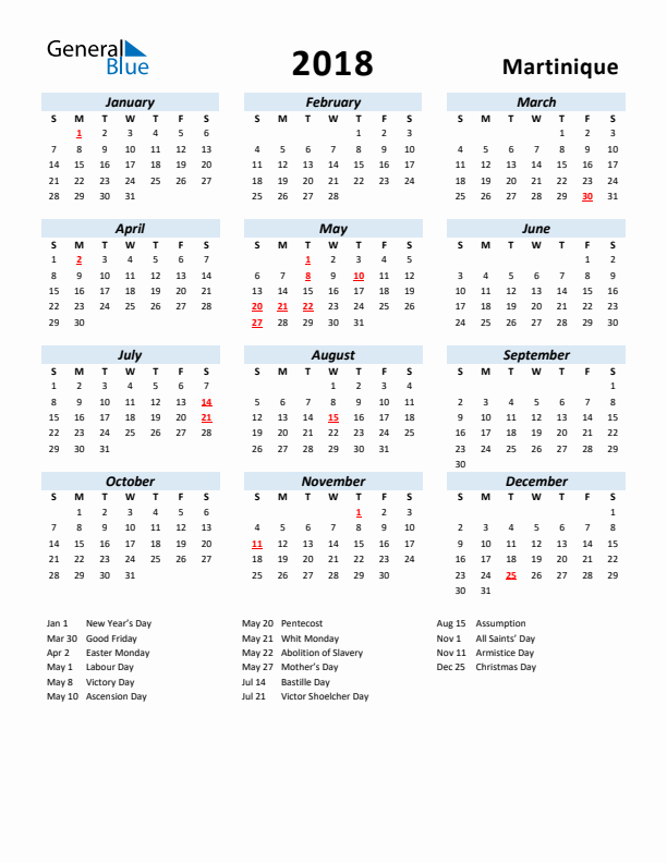 2018 Calendar for Martinique with Holidays