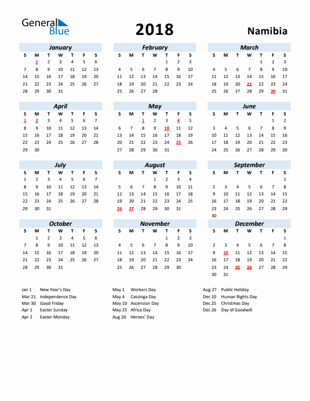 2018 Calendar for Namibia with Holidays
