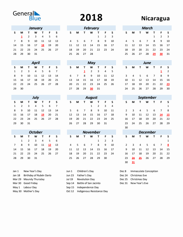 2018 Calendar for Nicaragua with Holidays
