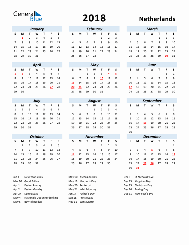2018 Calendar for The Netherlands with Holidays