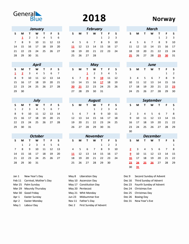 2018 Calendar for Norway with Holidays
