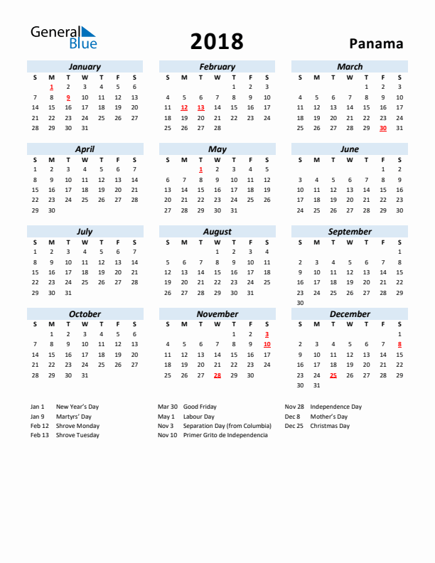 2018 Calendar for Panama with Holidays