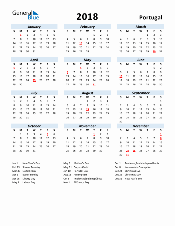 2018 Calendar for Portugal with Holidays