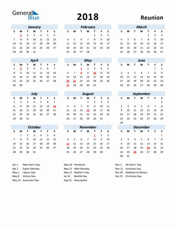 2018 Calendar for Reunion with Holidays