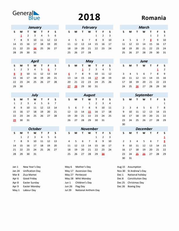 2018 Calendar for Romania with Holidays