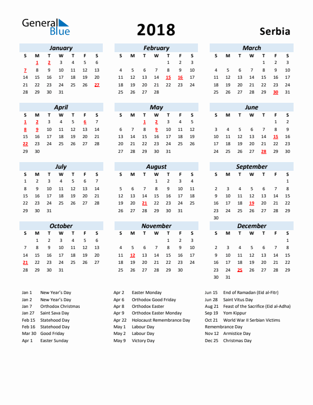 2018 Calendar for Serbia with Holidays