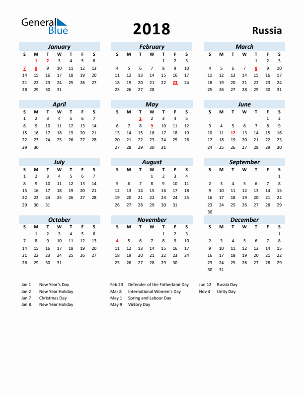 2018 Calendar for Russia with Holidays
