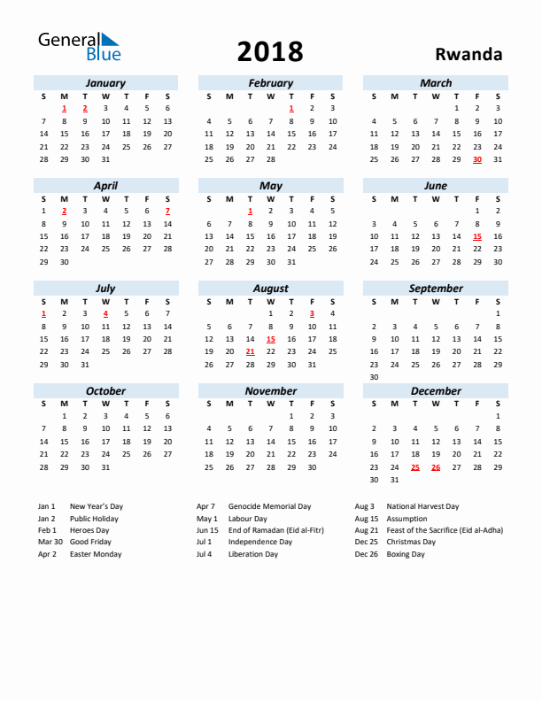 2018 Calendar for Rwanda with Holidays