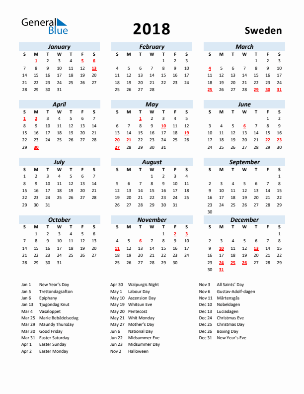 2018 Calendar for Sweden with Holidays