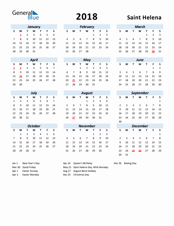 2018 Calendar for Saint Helena with Holidays