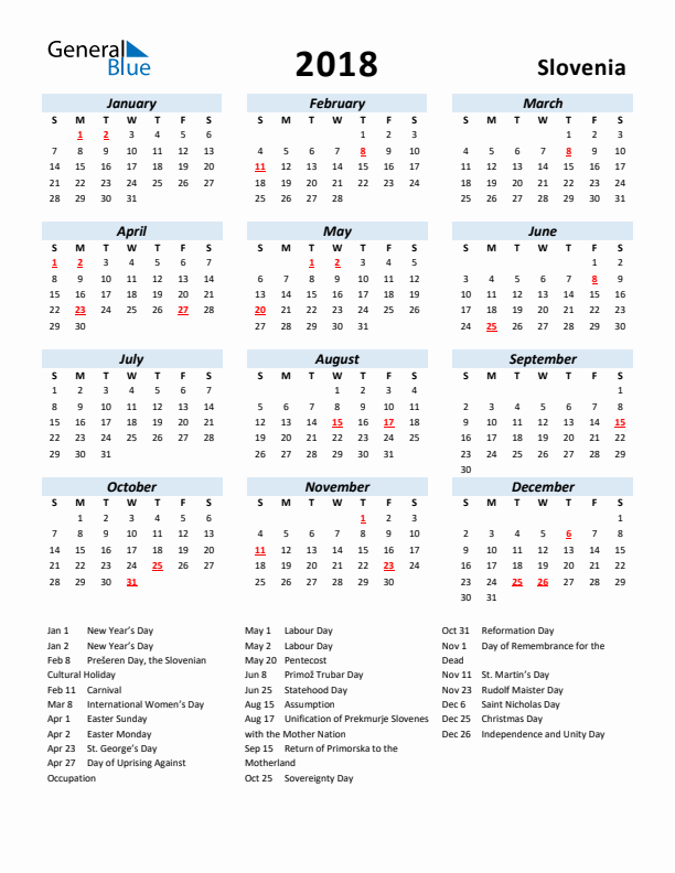 2018 Calendar for Slovenia with Holidays