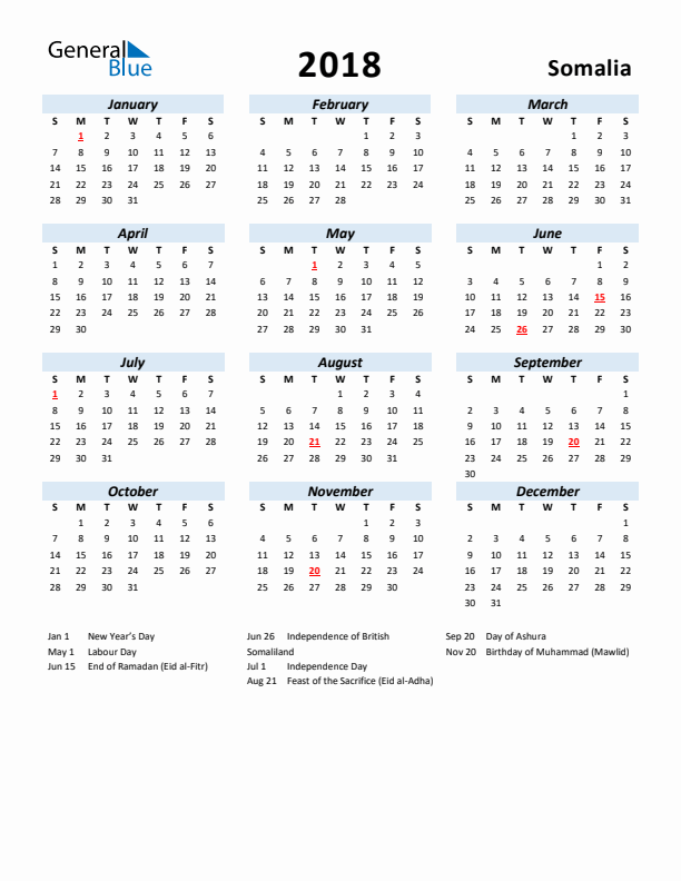 2018 Calendar for Somalia with Holidays
