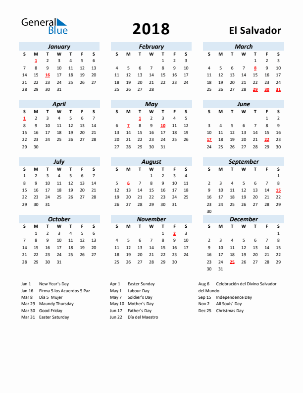 2018 Calendar for El Salvador with Holidays
