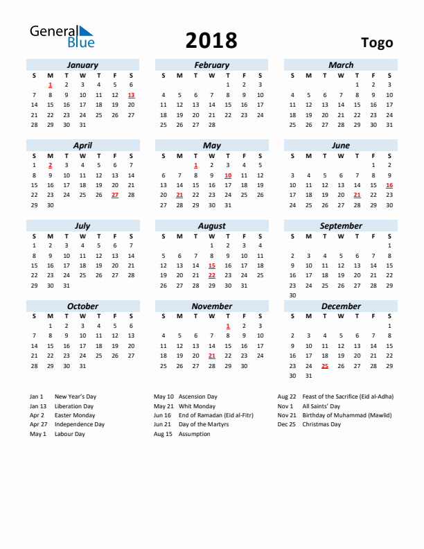 2018 Calendar for Togo with Holidays