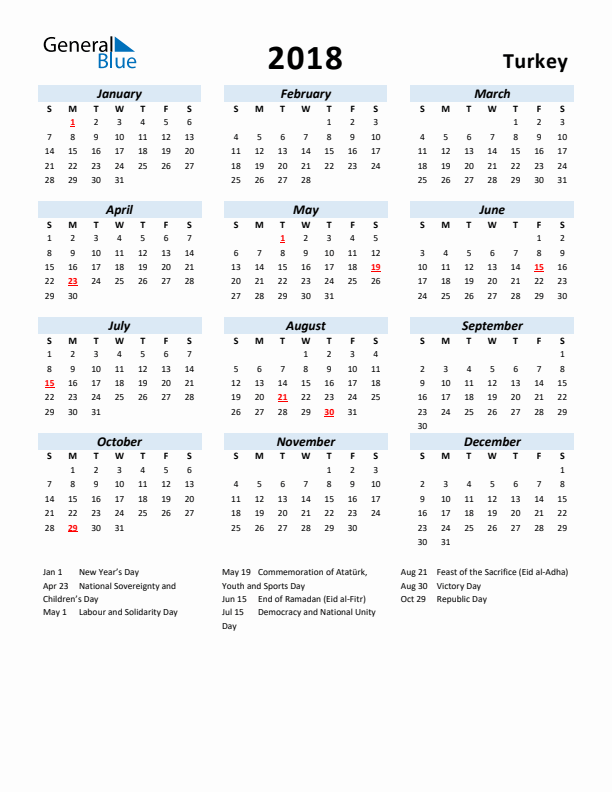 2018 Calendar for Turkey with Holidays