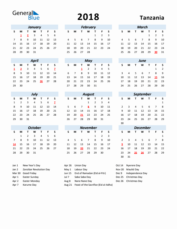 2018 Calendar for Tanzania with Holidays