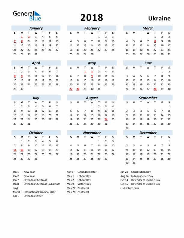 2018 Calendar for Ukraine with Holidays