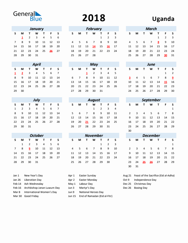 2018 Calendar for Uganda with Holidays