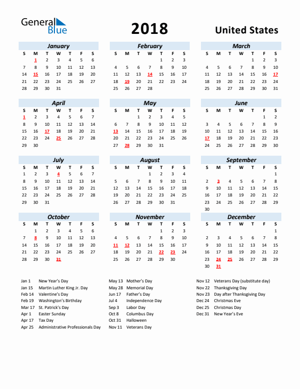2018 Calendar for United States with Holidays