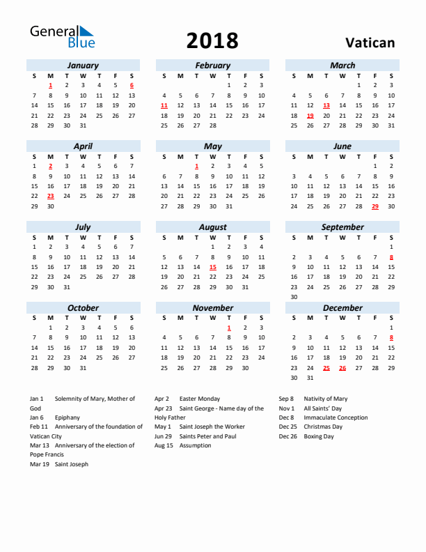2018 Calendar for Vatican with Holidays