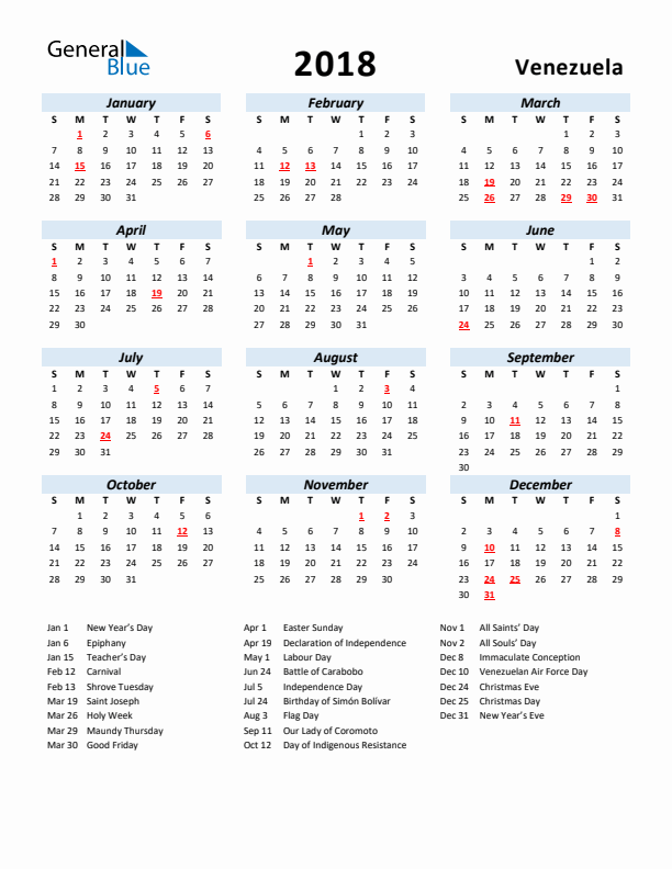 2018 Calendar for Venezuela with Holidays
