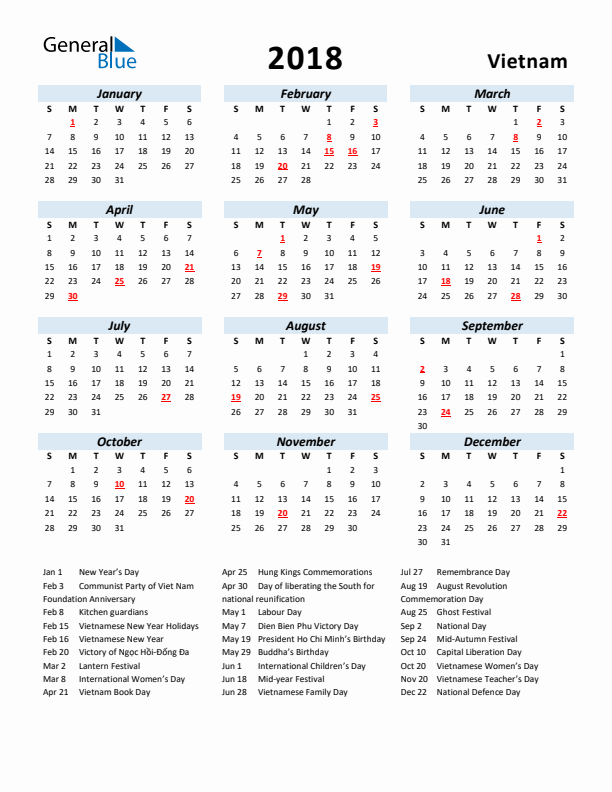 2018 Calendar for Vietnam with Holidays