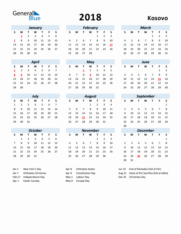 2018 Calendar for Kosovo with Holidays