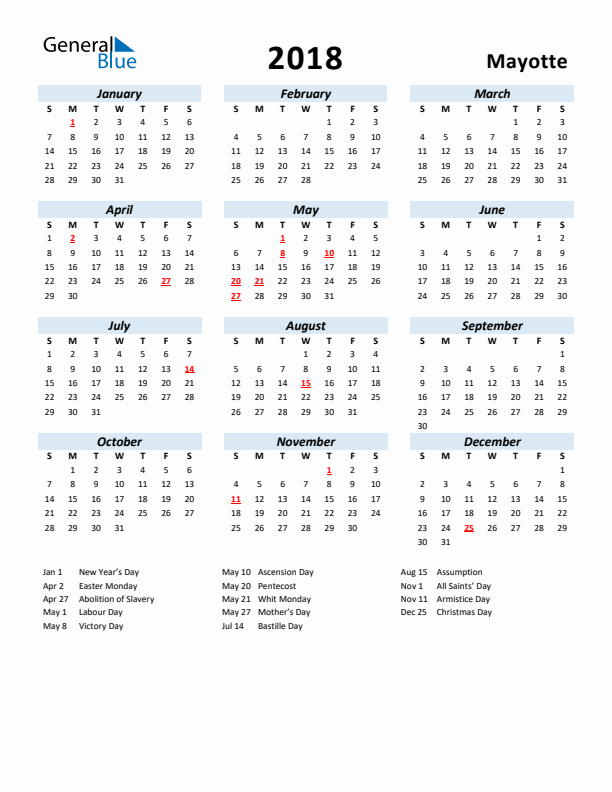 2018 Calendar for Mayotte with Holidays