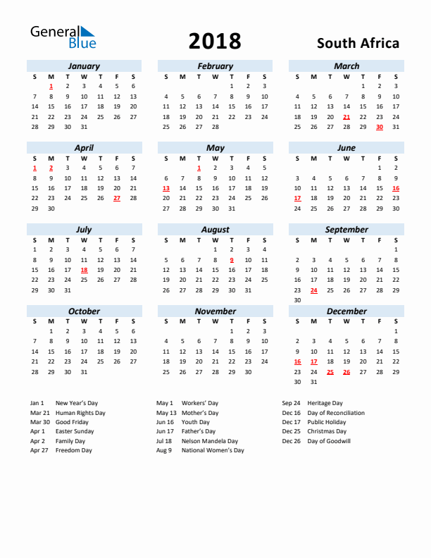 2018 Calendar for South Africa with Holidays