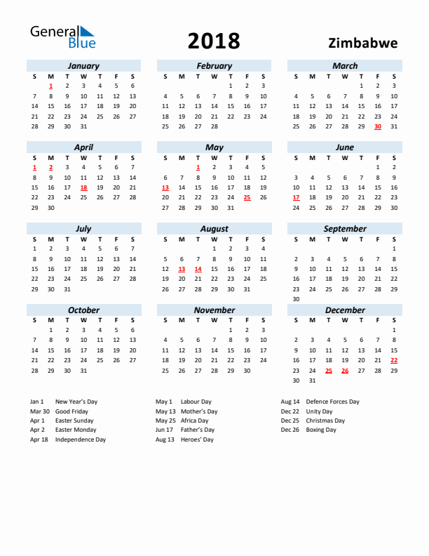 2018 Calendar for Zimbabwe with Holidays