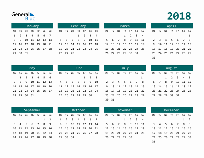 Downloadable 2018 Calendar
