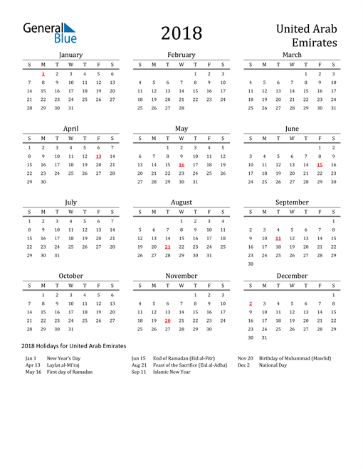 United Arab Emirates Holidays Calendar for 2018